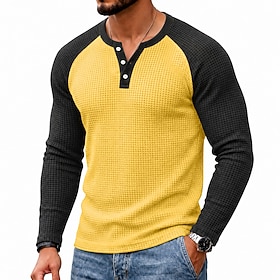 Men's Waffle T-shirt T Shirt Long Sleeve Henley Color Block Fall Winter Spring Fall Solid Color Textured Traditional / Vintage Casual Casual Home Outdoor Blue
