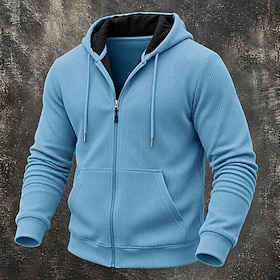 Men's Hoodie Full Zip Hoodie Waffle Hoodies Pullover Hoodie Sweatshirt White Khaki Black Burgundy Navy Blue Hooded Plain Color Block Textured Casual Daily Spor
