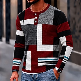 Men's Graphic Geometric Color Block Waffle Henley Shirt Casual Style Classic Style Long Sleeve Fashion Designer Basic Casual Daily Outdoor Spring Spring   Fall