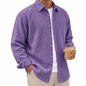 Men Shirt Texture Casual Shirt Corduroy Shirt Button Up Shirt Light Coffee Navy Blue Purple Green khaki Long Sleeve Plain Shirt Collar Casual Daily Clothing Ap