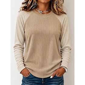 Women's Shirt Ribbed Knitted Plain Vintage Fashion Stylish Sleeveless Short Sleeve Long Sleeve Crew Neck Regular Tops Casual Beach Khaki Yellow Pink Spring Fal