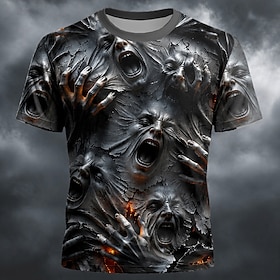 Halloween Men's Human face T Shirt Short Sleeve T shirt 3D Print Crew Neck Shirt Exaggerated Designer Horror Club Party Street Dark Gray Gray Summer Spring All