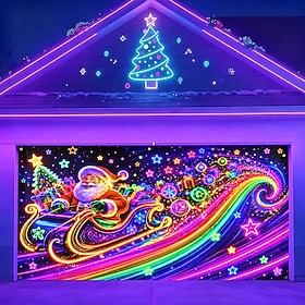 Blacklight Christmas Garage Door Cover, UV Reactive Fluorescent Santa Claus and Sleigh Print Garage Door Banner, Colorful Holiday Backdrop for Outdoor Christma