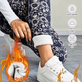 Women's Fleece Pants Leggings Vacation Basic Casual Full Length High WaistPantsUgly Christmas Floral Thermal Warm Comfy Comfortable Stretchy Casual Daily Outdo