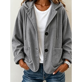 Women's Waffle Shirt Button Down Shirt Drawstring Pocket Buttons Solid Color Fashion Long Sleeve Hooded Long Tops Casual Black Light Green Red Orange Grey Spri