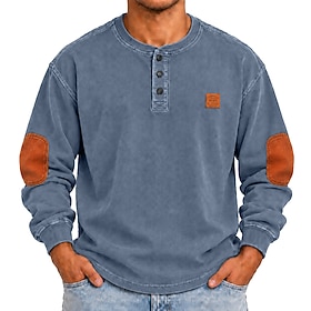 Men's T Shirt 100% Cotton Acid Wash Shirt Long Sleeve Henley Summer Spring All Seasons Solid Color Plain Vintage Casual Patchwork Vintage Style Faded Casual Va