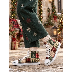 Women's Christmas High Top Canvas Sneakers – Festive Plaid Patchwork Print Lace-Up Shoes with Christmas Tree  Snowflake Patterns, Holiday Shoes for Christmas P
