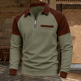Men's Waffle Polo Shirts Casual Vacation Turndown Long Sleeve Fashion Leisure Solid Color Textured Color Block Buttons Fall Winter Fall Regular White Black Da