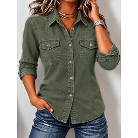 Women's Washed Cotton Henley Shirt Solid Color Vintage Fashion Stylish Long Sleeve Regular Tops Casual Daily Streetwear Red Green Spring Fall Winter