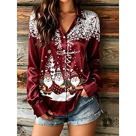 Christmas Women's Shirt Satin Top Satin Shirt Graphic Santa Claus Christmas Tree Vintage Stylish Modern Long Sleeve Shirt Collar Regular Tops Casual Daily Part