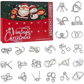 Adventskalender hersenkraker, 24 dagen kerstcountdown voor kinderen, metalen draadpuzzel ringenset, IQ-logicaspellen Denkuitdagingen, educatieve kerstcadeaus v