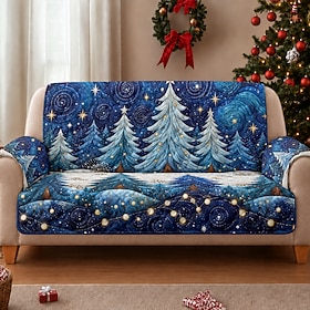 Christmas Quilted Sofa Cover, Snowy Pine Tree Winter Pattern Sofa Pad, Blue Christmas Couch Cover with Snowflakes and Starry Details for Living Room Holiday De