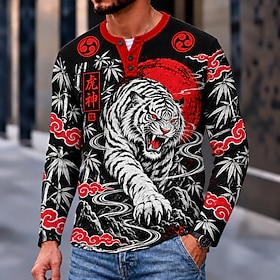 Men's Chinese character Waffle Henley Shirt Casual Style Classic Style Long Sleeve Fashion Designer Casual Casual Daily Outdoor All Seasons Black Henley Henley