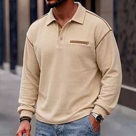 CordHeritage™ Men's Corduroy Polo Casual Vacation Turndown Long Sleeve Fashion Leisure Patchwork Classic Color Block Fall Winter Regular White Black Beige Lig