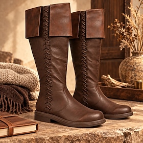 Men's Renaissance Knee-High Boots with Fold-Over Cuffs and Decorative Lace-Up Details, Vintage Medieval Style for Historical Reenactments, Renaissance Fairs, S