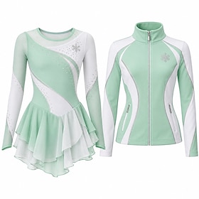Figure Skating Dress with Jacket Women's Ice Skating Outfits Green Patchwork Asymmetric Hem Stretchy Training Competition Skating Wear Classic Crystal / Rhines
