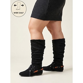 Women's Black Wide Calf Slouch Knee High Boots - Faux Suede Flat Boots with Bead, Tassel Decor Ruched Shaft Design for Casual Daily Wear, Boho Outfits Autumn