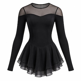 Figure Skating Dress Women's Ice Skating Dress Black Patchwork Asymmetric Hem Stretchy Training Competition Skating Wear Classic Long Sleeve Ice Skating Figure
