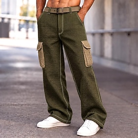 Men's Waffle Cargo Trousers Casual Pants Elastic Waist Straight Leg Multi Pocket Color Block Comfort Full Length Casual Daily Outdoor Fashion Classic Style Bla