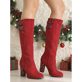 Women's Red Christmas Knee-High Boots – Elegant Suede-Look Tall Boots with Tartan Plaid Chunky Heels, Double Buckle Detail Side Zipper for Holiday Parties, Ch