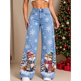 Christmas Women's Jeans Denim Wide Leg Vacation Vintage Basic Full Length High Waist Floral Graphic Comfy Comfort Comfortable Inelastic Casual Daily Daily Wear