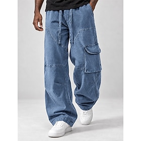 DenimTone™ Men's Cargo Pants Trousers Denim Pants 100% Cotton Casual Pants Drawstring Elastic Waist Straight Leg Plain Comfort Full Length Daily Outdoor Street