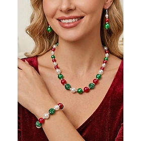 Women's Christmas Jewelry Set, Red Green Acrylic Beaded Necklace Bracelet  Dangle Earrings, Festive Pearl Look Holiday Jewelry for Christmas Parties, Family Ga