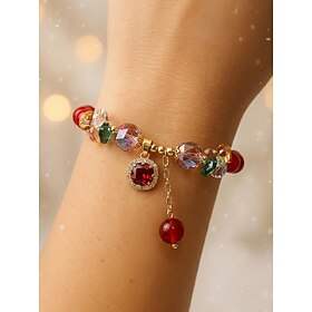 Women's Crystal Beaded Bracelet, Colorful Glass Bead Charm Bracelet with Faceted Beads Pendant, Vintage Boho Jewelry for Christmas, Holiday Parties, Casual Ou