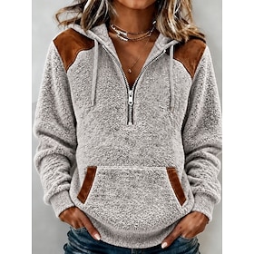 Women's Fleece Pullover Hoodie Sweatshirt Patchwork Zipper Pocket Active Vintage Casual Long Sleeve Crew Neck Regular Tops Casual Holiday Yellow Brown Light Gr