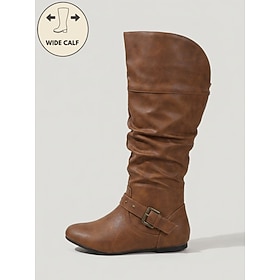 Women's Brown Wide Calf Knee-High Riding Boots – Slouchy Flat Boots with Rivet, Side Zip Buckle Detail, Wide Calf Tall Boots for Fall, Winter, Walking Everyd