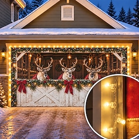 Christmas Garage Door Cover With LED String Lights 3D Reindeer and Snow Scene Print Garage Door Banner, Holiday Winter Wonderland Backdrop for Outdoor Christma
