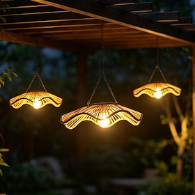 Solar Pendant Light Outdoor, Hanging Rattan Chandelier with Warm White LED Light, USB/ Solar Powered, Wireless Installation, for Patio, Porch, Garden and Backy