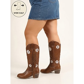 Women's Wide Calf Cowboy Boots - Faux Leather Mid Calf Western Boots with Floral Embroidery  Tassel Detail, Block Heel for Country Concerts, Festival Wear  Dai