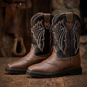 Men's Brown Black Embroidered Cowboy Boots Western Pull On Mid Calf Square Toe Vintage Classic Country Style Ranch Boots for Rodeo Festival Country Wedding Cas