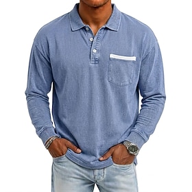 Men's Polo 100% Cotton Acid Wash Shirt Casual Vacation Turndown Long Sleeve Fashion Leisure Solid Color Buttons Fall  Winter All Seasons Regular Black Purple L