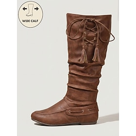 Women's Dark Brown Wide Calf Knee-High Boots with Side Lace-Up Tassels Buckle-Strap โ Moc-Toe Design Flat Slouchy Boots for Travel, Countryside Strolls Casua