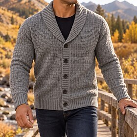 Men Sweater Cardigan Sweater Ribbed Cable Knit Regular Tops Knitted Plain Shawl Collar Vacation Fashion Casual Daily Wear Clothing Apparel Fall Winter Fall Gr