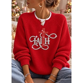 Christmas Women's Sequins Rhinestone Waffle Polo Shirts Christmas Tree Bohemia Active Vacation Long Sleeve Crew Neck High Neck Regular Tops Casual Daily Holida