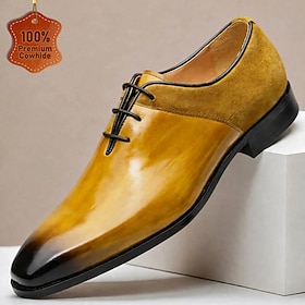Men's Genuine Leather Oxford Dress Shoes Yellow Lace Up Formal Shoes Classic Elegant Vintage Style Business Casual Shoes Luxury Leather Footwear for Wedding Of