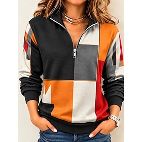 Women's Pullover Sweatshirt Zipper Graphic Geometric Vintage Western Retro Long Sleeve High Neck Half Zip Regular Tops Casual Dailywear Holiday Blue Orange Spr