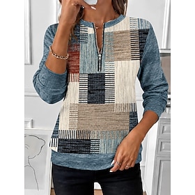Women's Zip Up Sweatshirts Zipper Print Graphic Geometric Abstract Fashion Casual Long Sleeve Round Neck Regular Tops Street Dailywear Blue Yellow Red Spring F