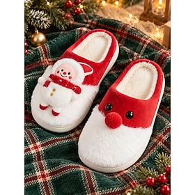 Women's Novelty Red Christmas Slippers – Plush Slip-On House Shoes with Cute Snowman Cartoon Faces Fuzzy Lining for Holiday Lounging, Pajama Days Seasonal Gi