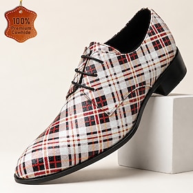 Men's Genuine Leather Lace Up Dress Shoes with Classic Plaid Pattern, British Vintage Style Formal Oxfords for Mature Gentlemen, Office, Wedding, Holiday and S