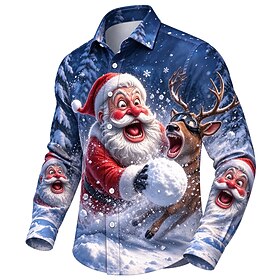 Christmas Men's Santa Claus Button Up Shirt Casual Dress Shirt Long Sleeve Fashion Casual Vacation Dailywear Summer Spring Fall Turndown Collared Shirts Blue B