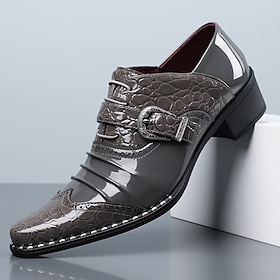 Men's Grey Crocodile Embossed Dress Shoes with Metal Buckle Detail, Elegant Pointed Toe Lace Up Oxfords for Weddings, Parties and Formal Events
