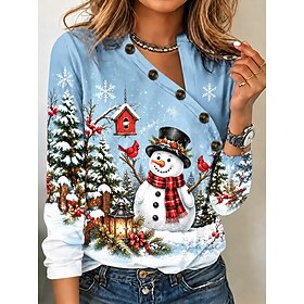 Christmas Women's T Shirt Buttons Print Graphic Snowman Snowflake Stylish Classic Casual Long Sleeve Asymmetrical Regular Tops Casual Daily Blue Red Green Summ