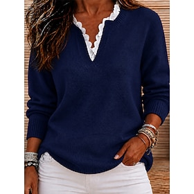 Women's Sweater Pullover Sweater Jumper Elegant Cute Casual Solid Color V Neck Ruffle Patchwork Long Sleeve Long Tops Knit Daily Home Work Blue Black Fall Wint