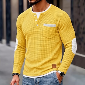 Men's Waffle T-shirt T Shirt Long Sleeve Henley Color Block Fake two piece Fall Winter Spring Fall Solid Color Textured Traditional / Vintage Casual Henley Ca