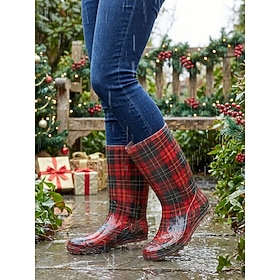 Botas de lluvia navideñas a cuadros para mujer – negras Botas impermeables de media caña con estampado de tartán rojo, botas de agua festivas para mujer, ideal