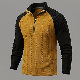 Men's Jacquard Polo Casual Vacation Banded Collar Long Sleeve Fashion Leisure Solid Color Color Block Zip Up Color Block Fall  Winter Regular White Yellow Burg